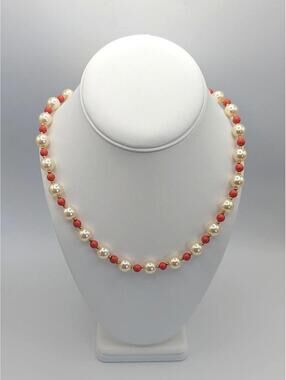 Vintage Pearl and Coral Bead Necklace with Gold Accents